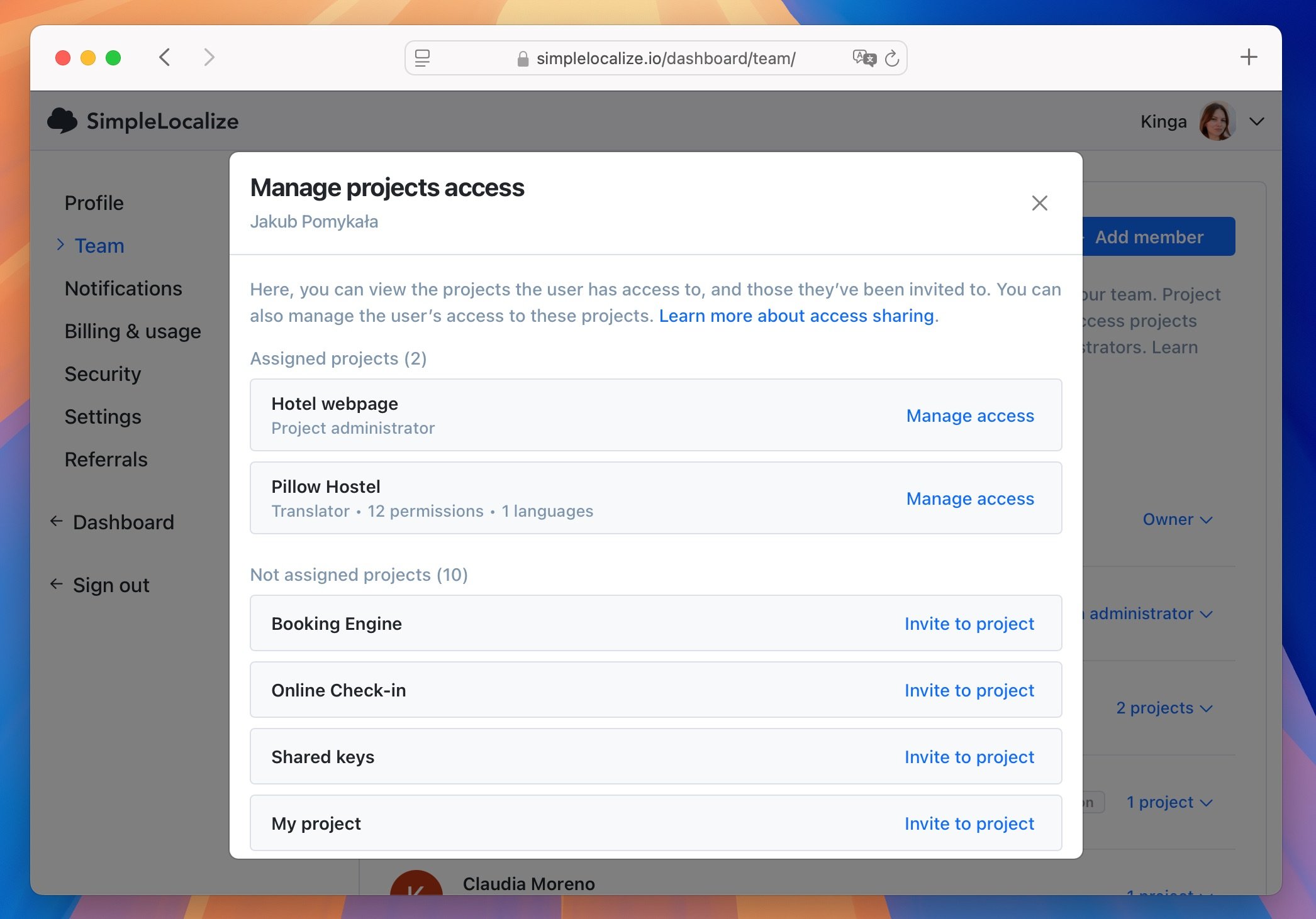 Manage access popup