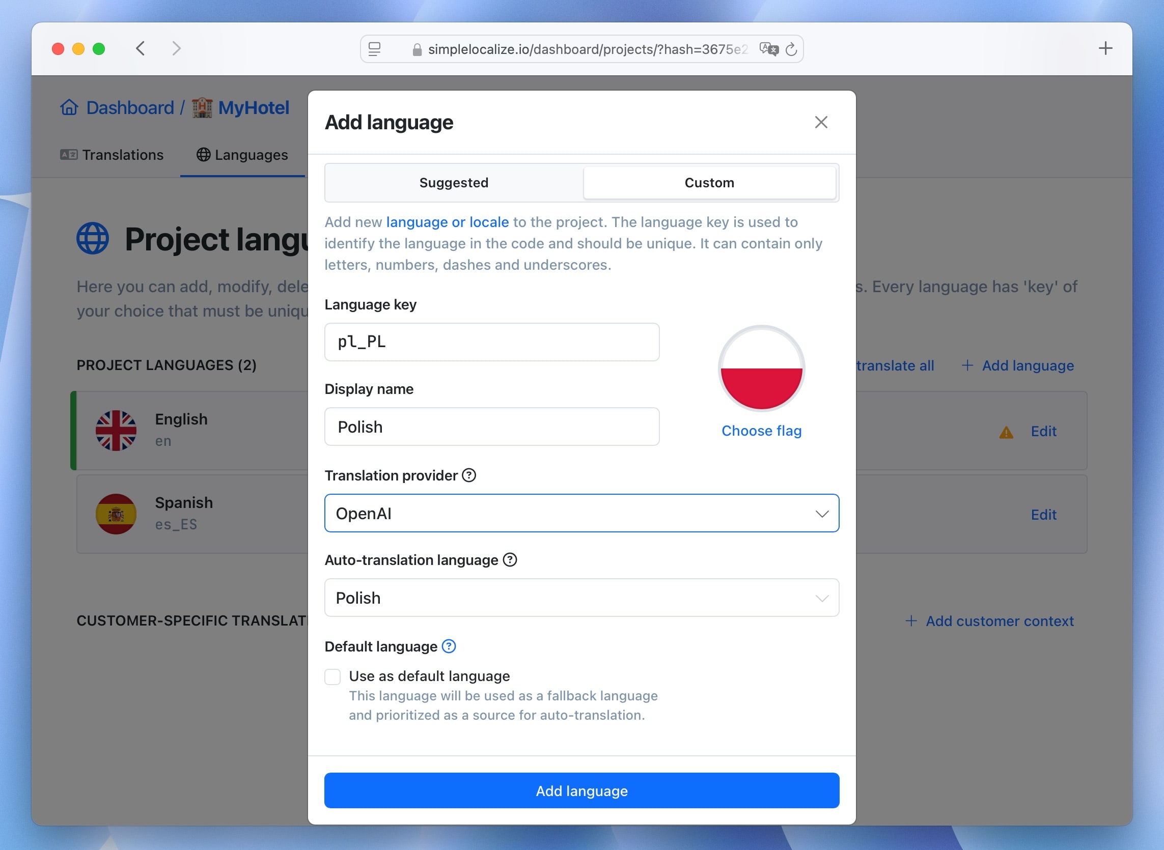 SimpleLocalize: add language form