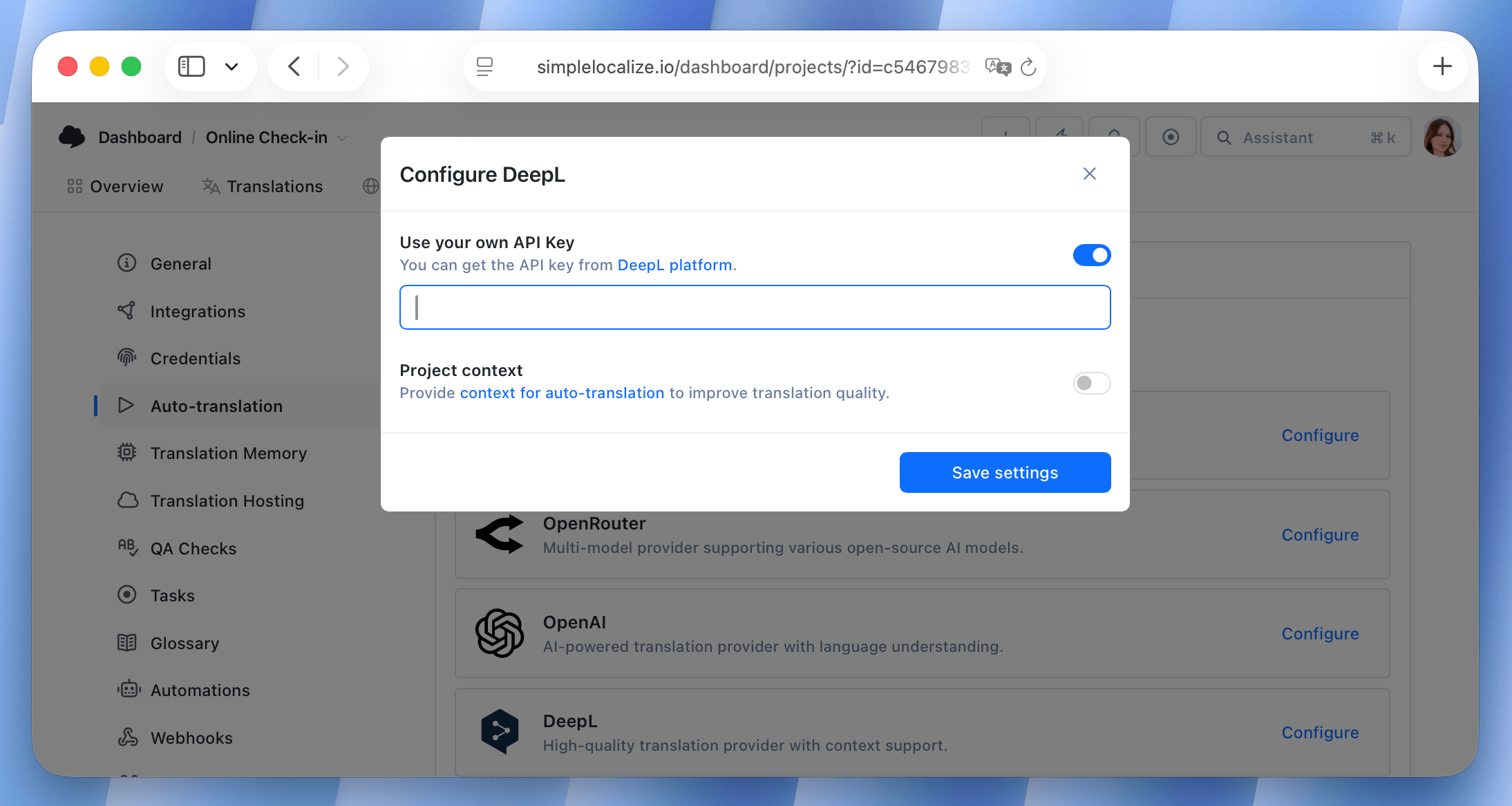 Auto-translation custom API key