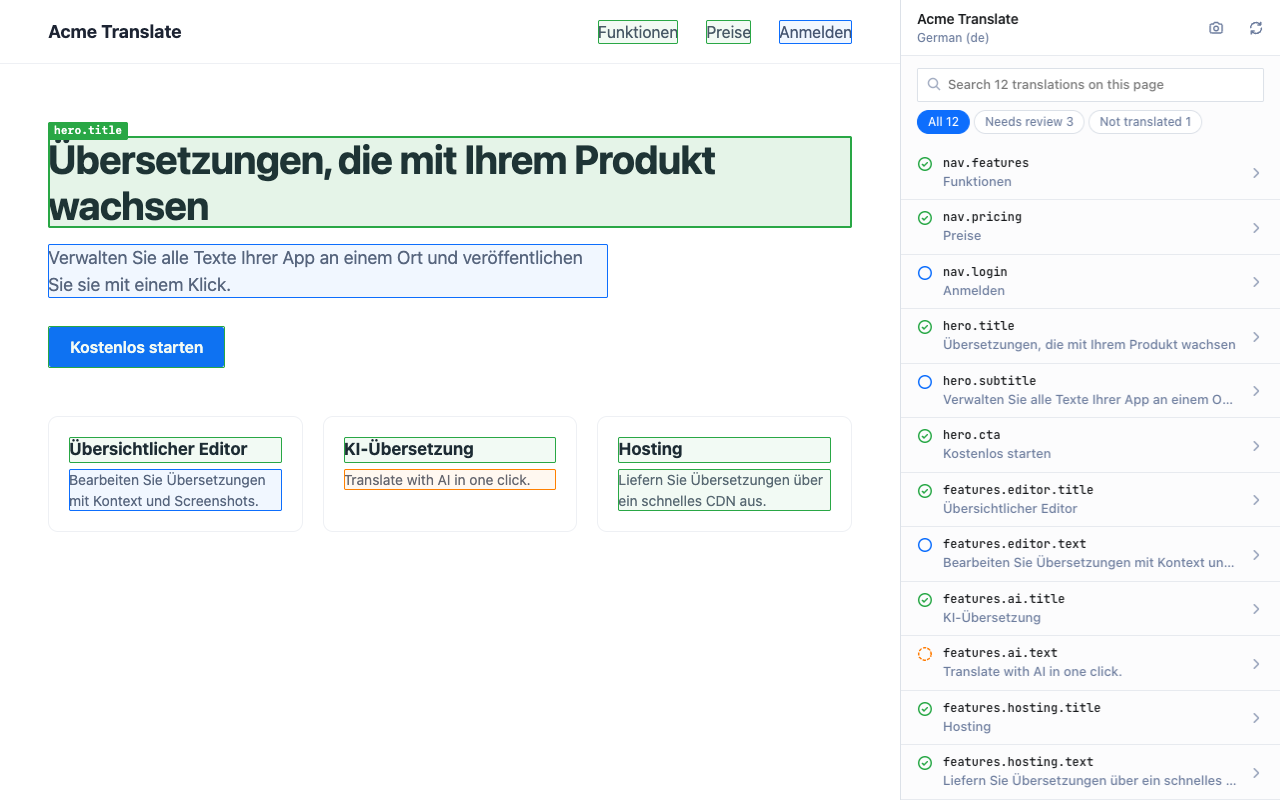 Translations on the page with filters List of translations found on the page, with filters for what needs review