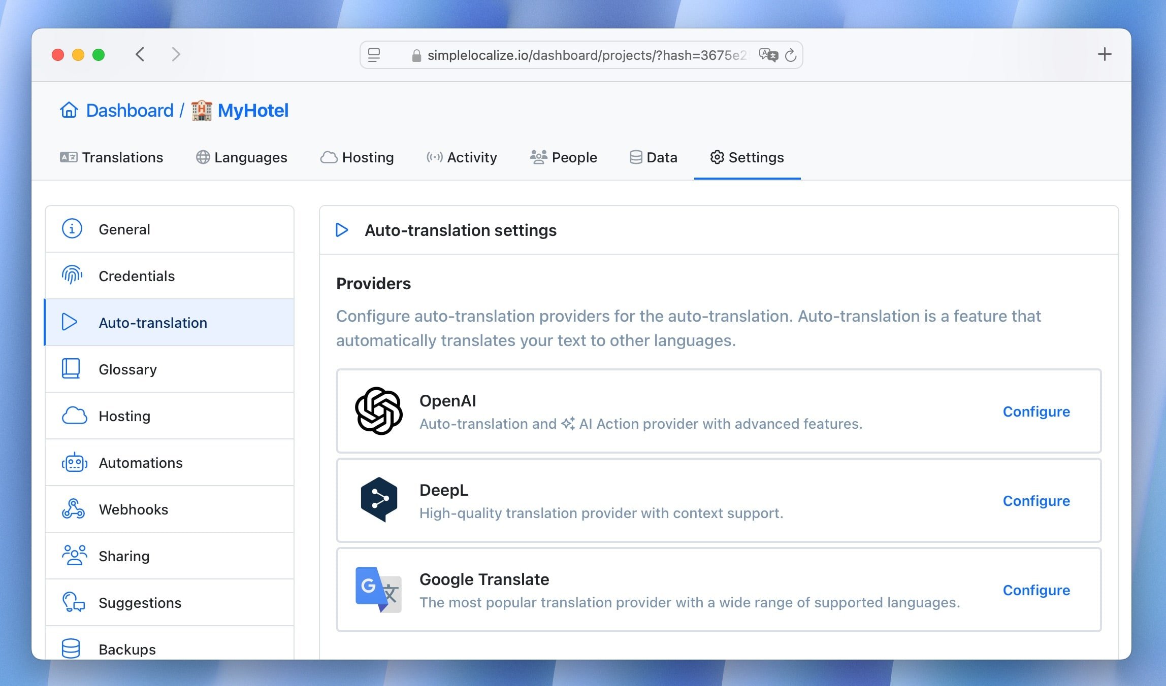 Auto-translation provider setup