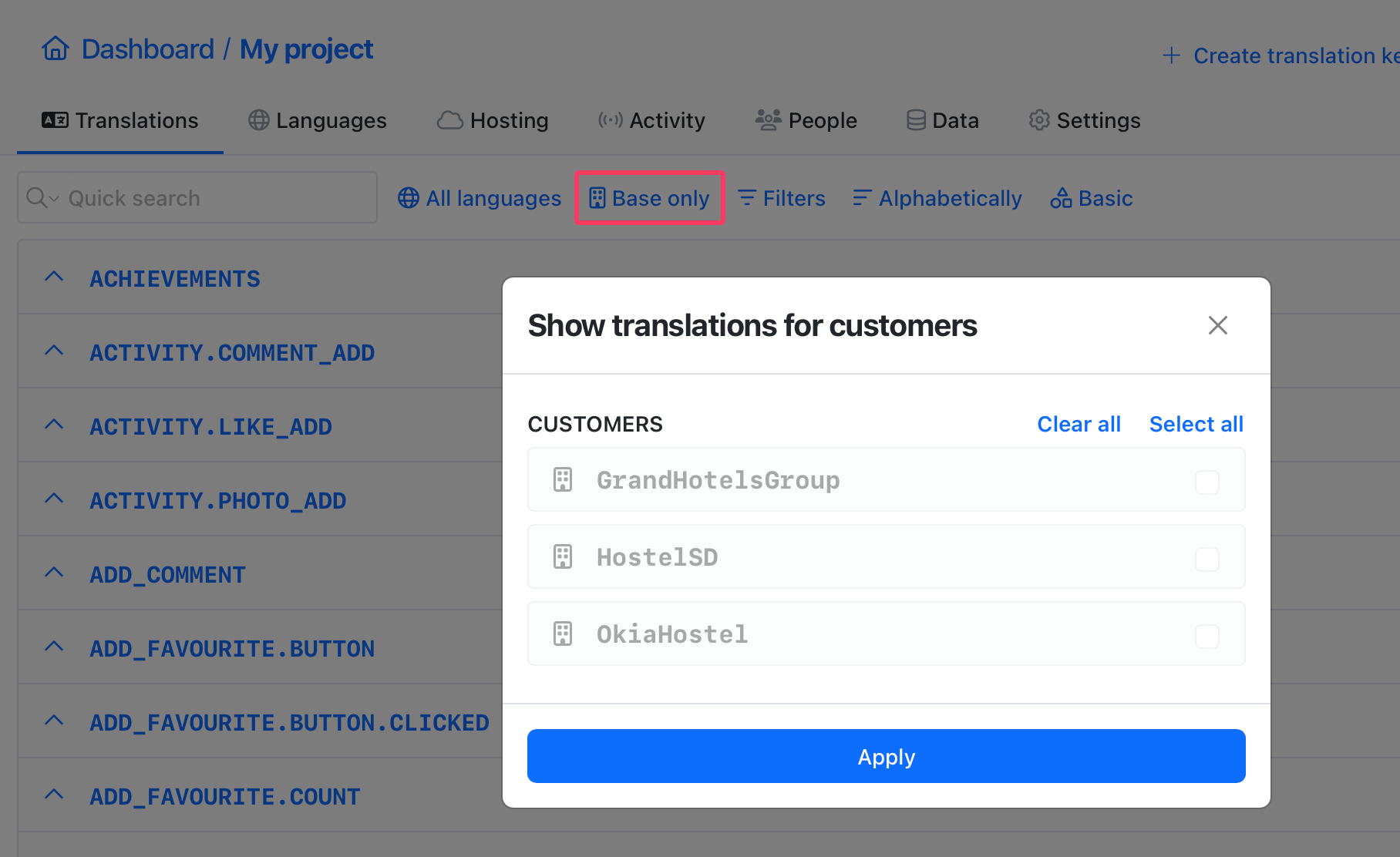 Filter translations by customer context