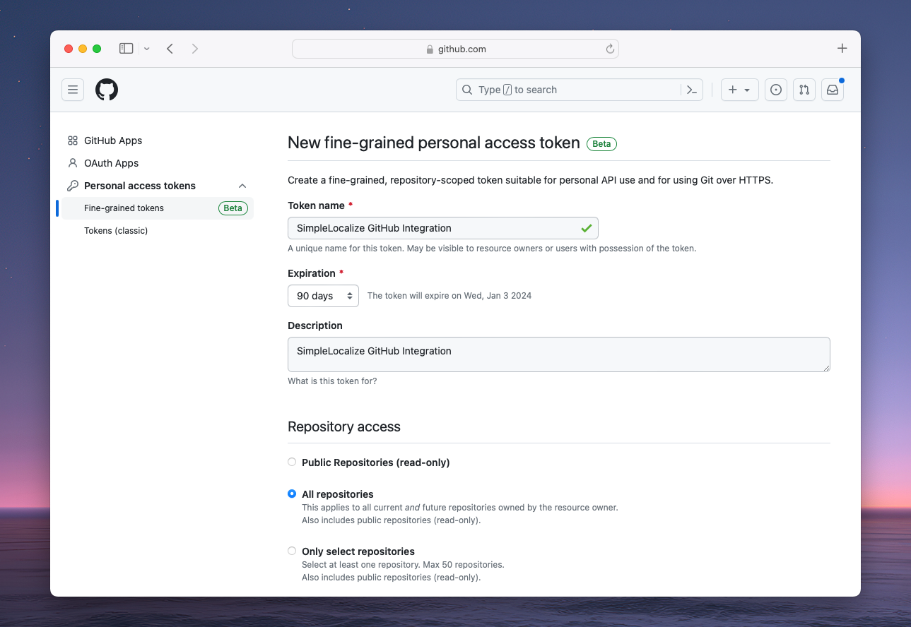 Get GitHub Personal Token page