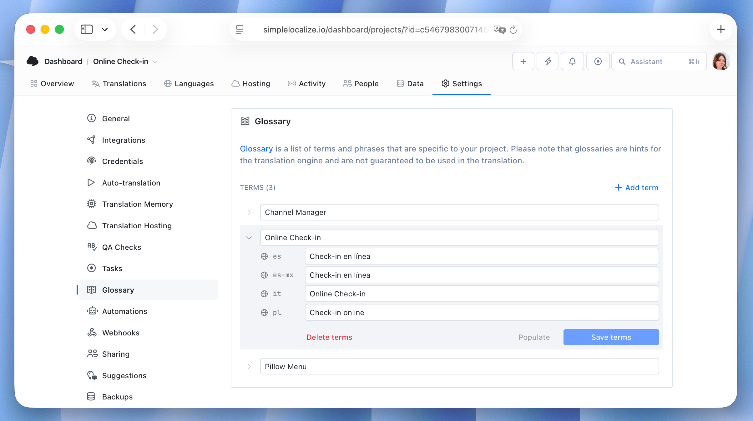 Auto-translation glossary