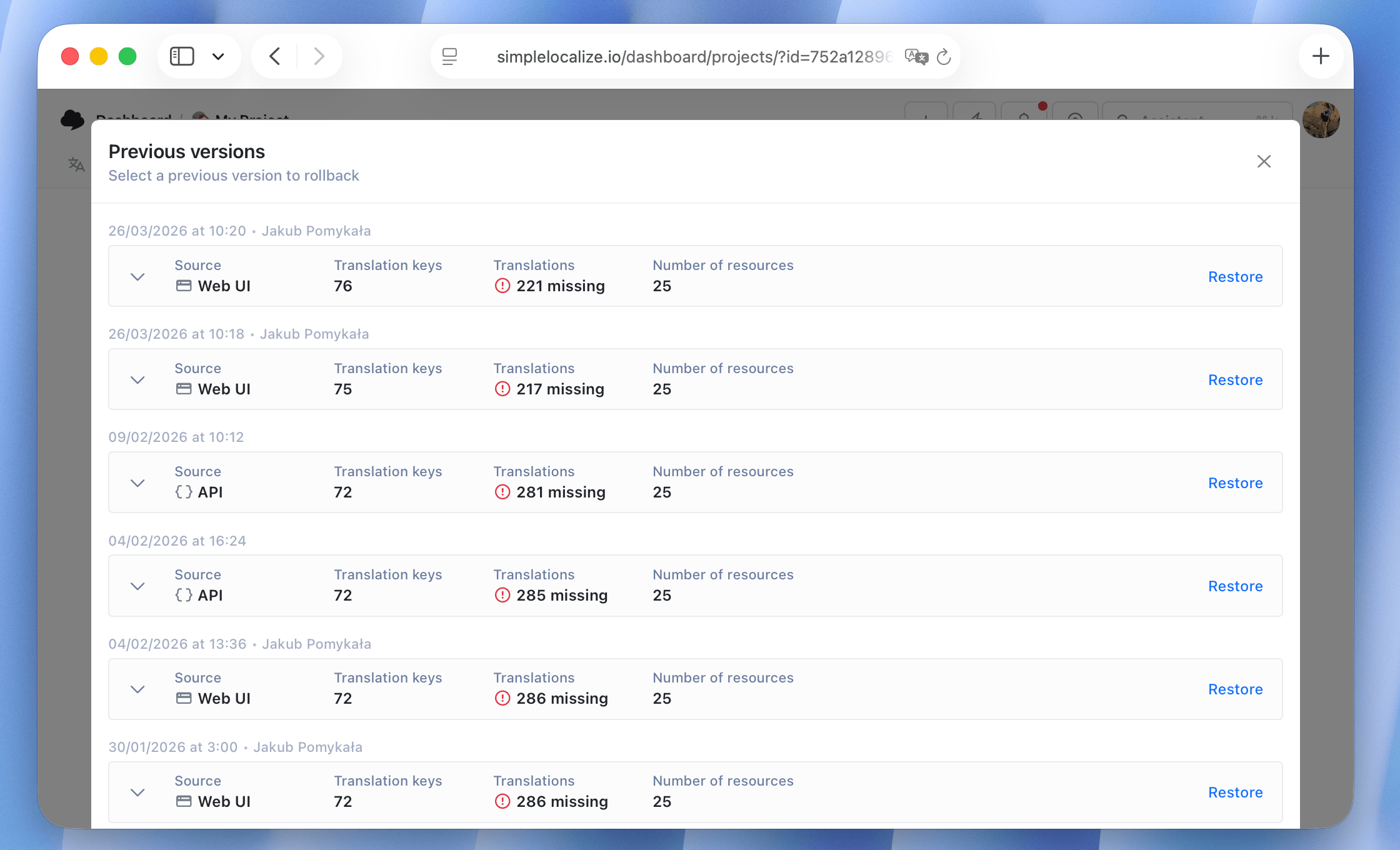 Translation Hosting rollback previous version
