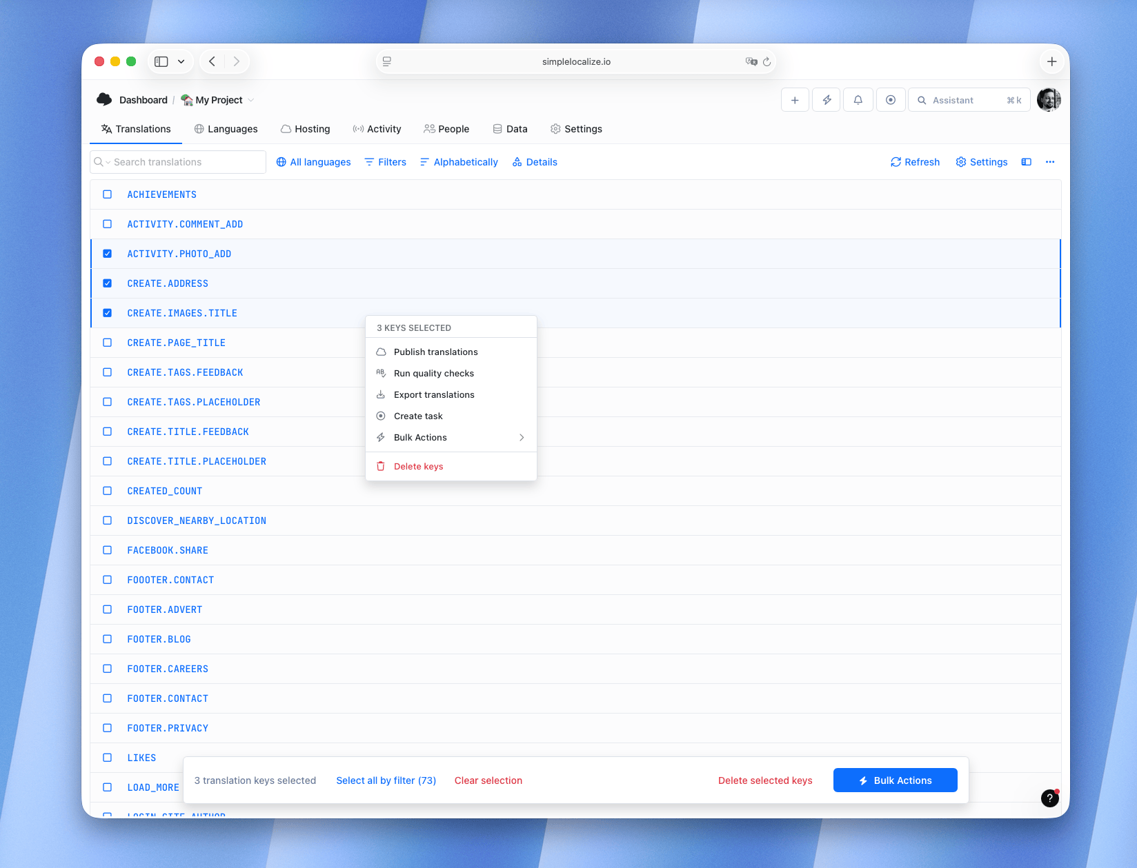 Select keys and open context menu to publish