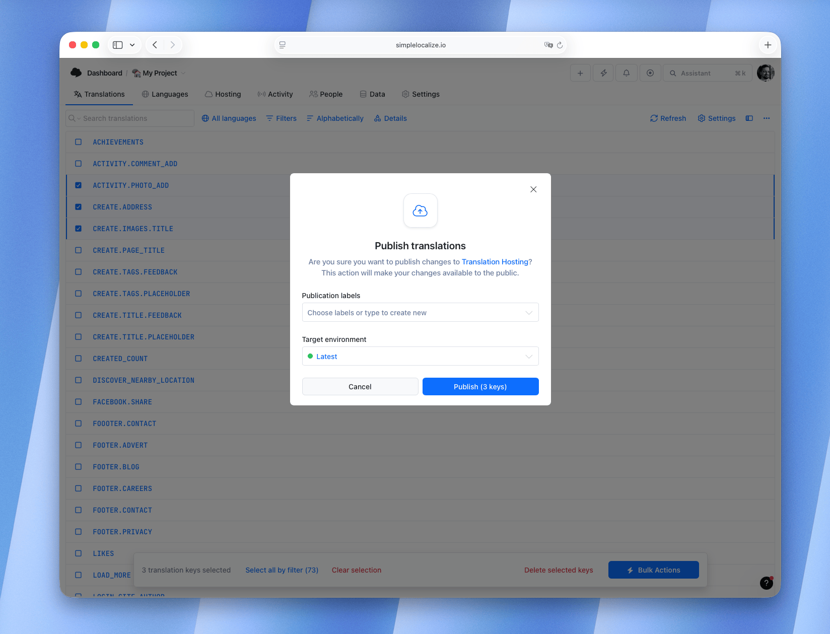 Choose target environment when publishing selected keys
