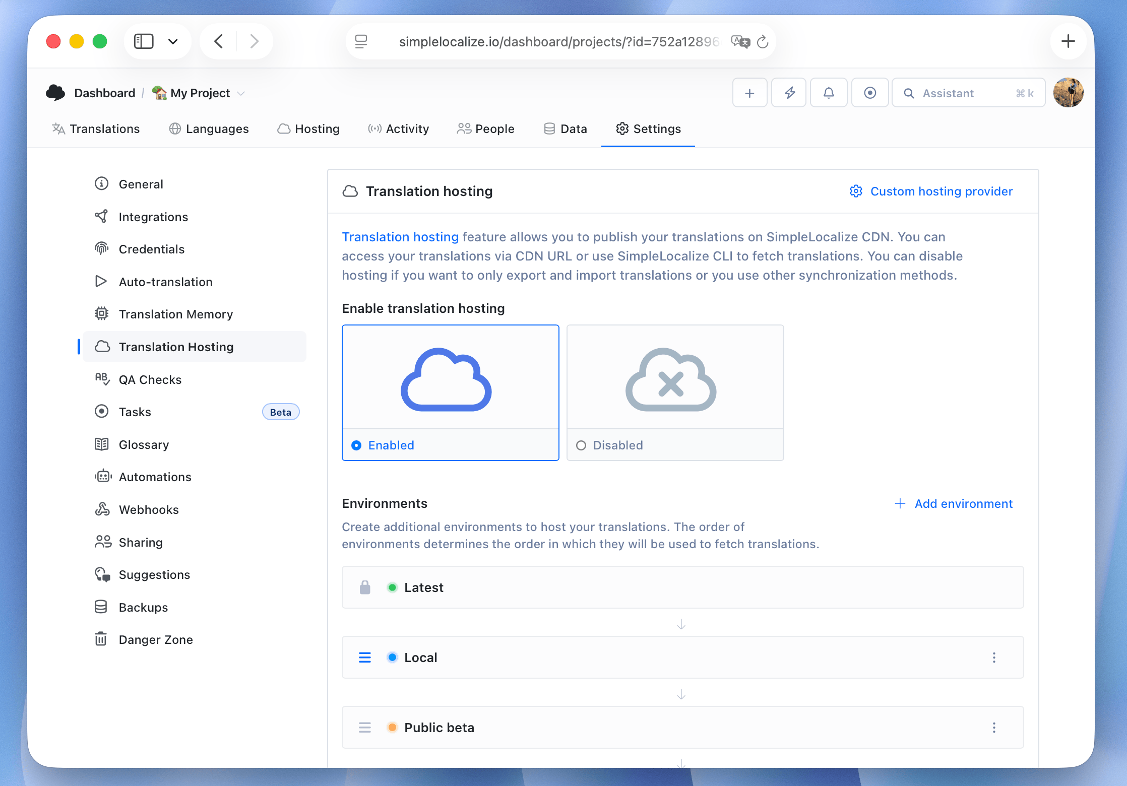 Translation hosting settings