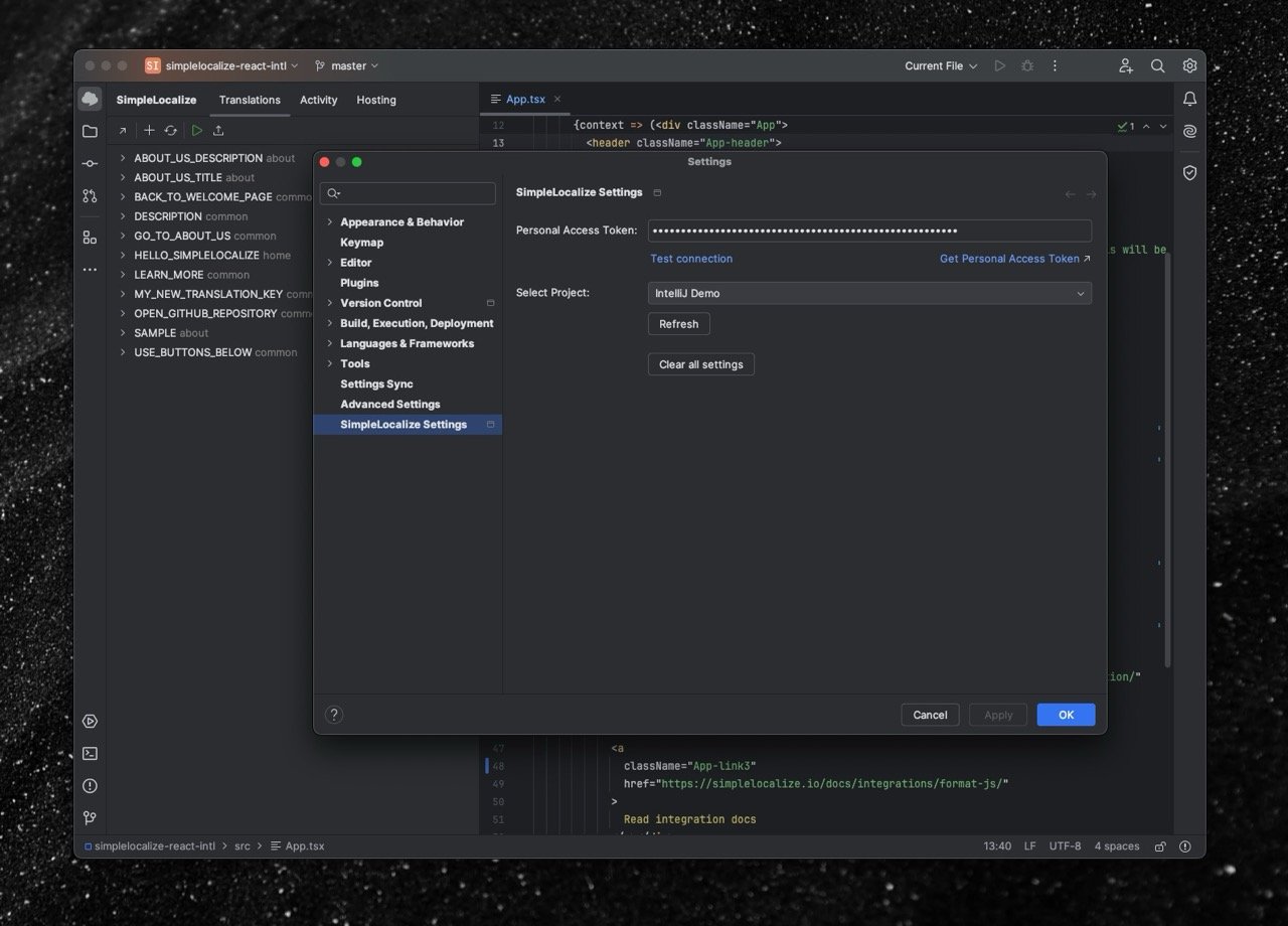 IntelliJ IDEA plugin for SimpleLocalize: Configuration menu