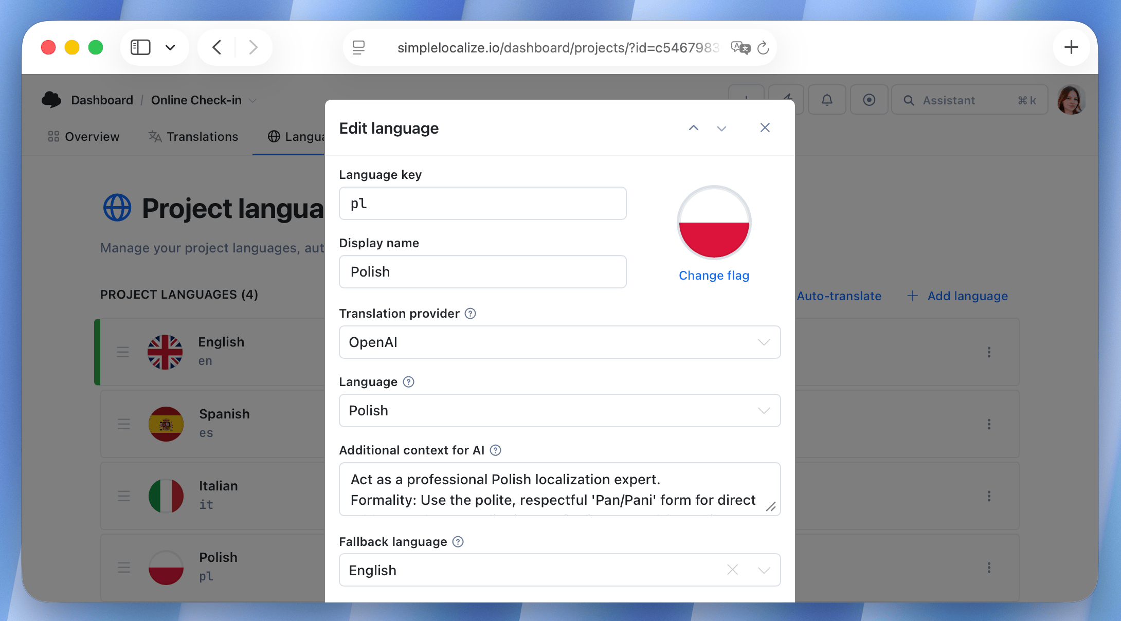 Language-specific AI translation context