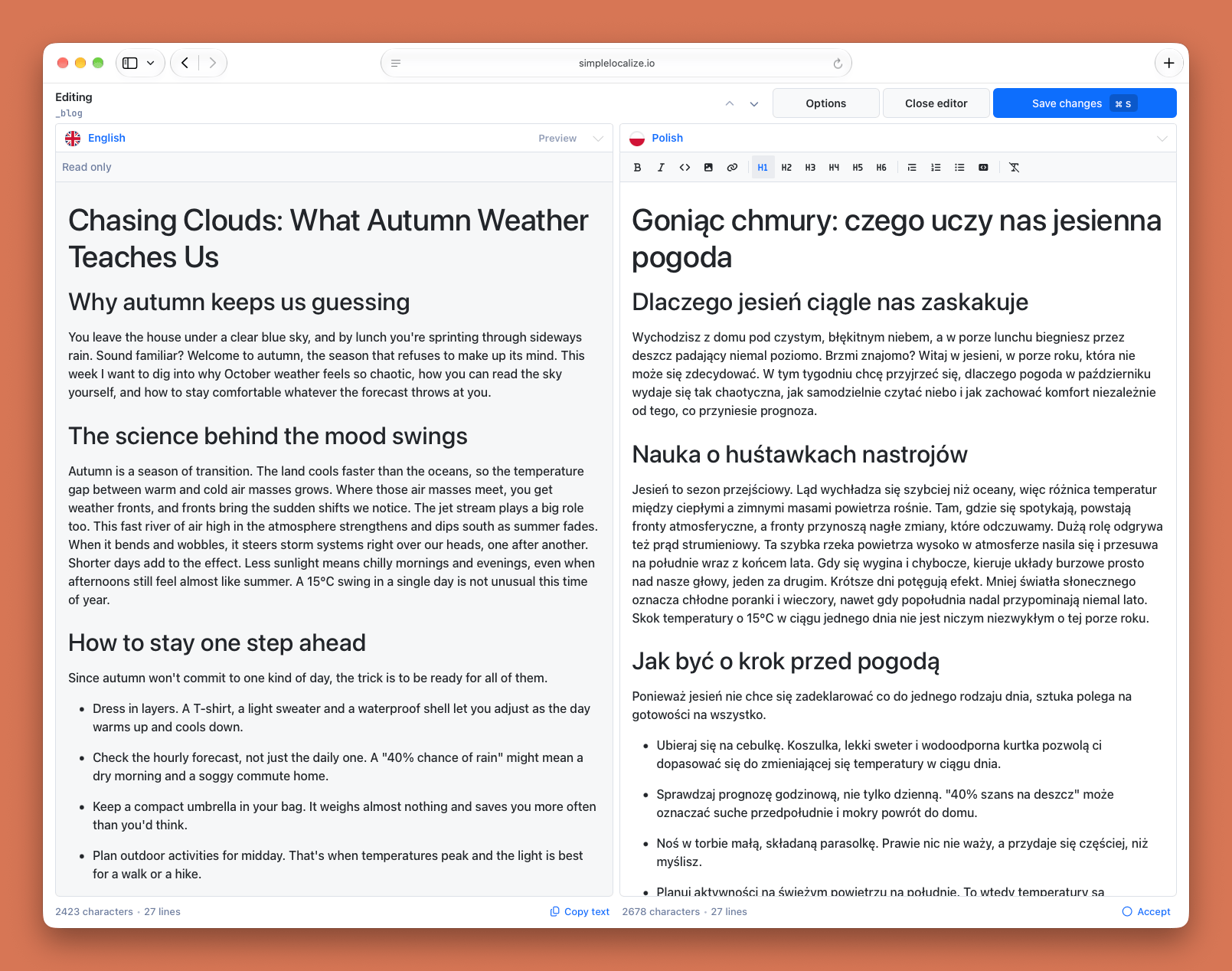 WYSIWYG editor with rendered source and translation side by side