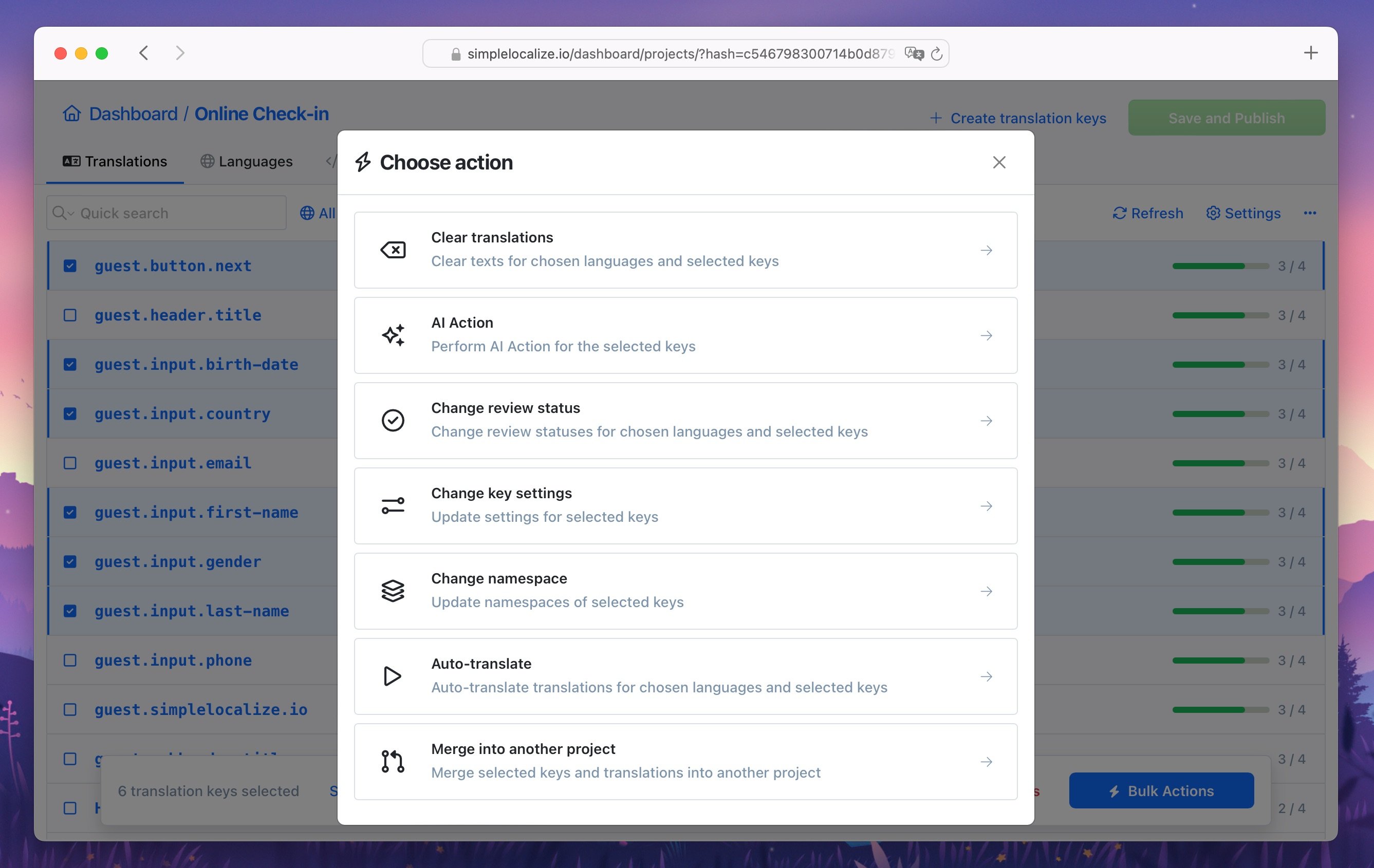 Bulk actions for selected translation keys