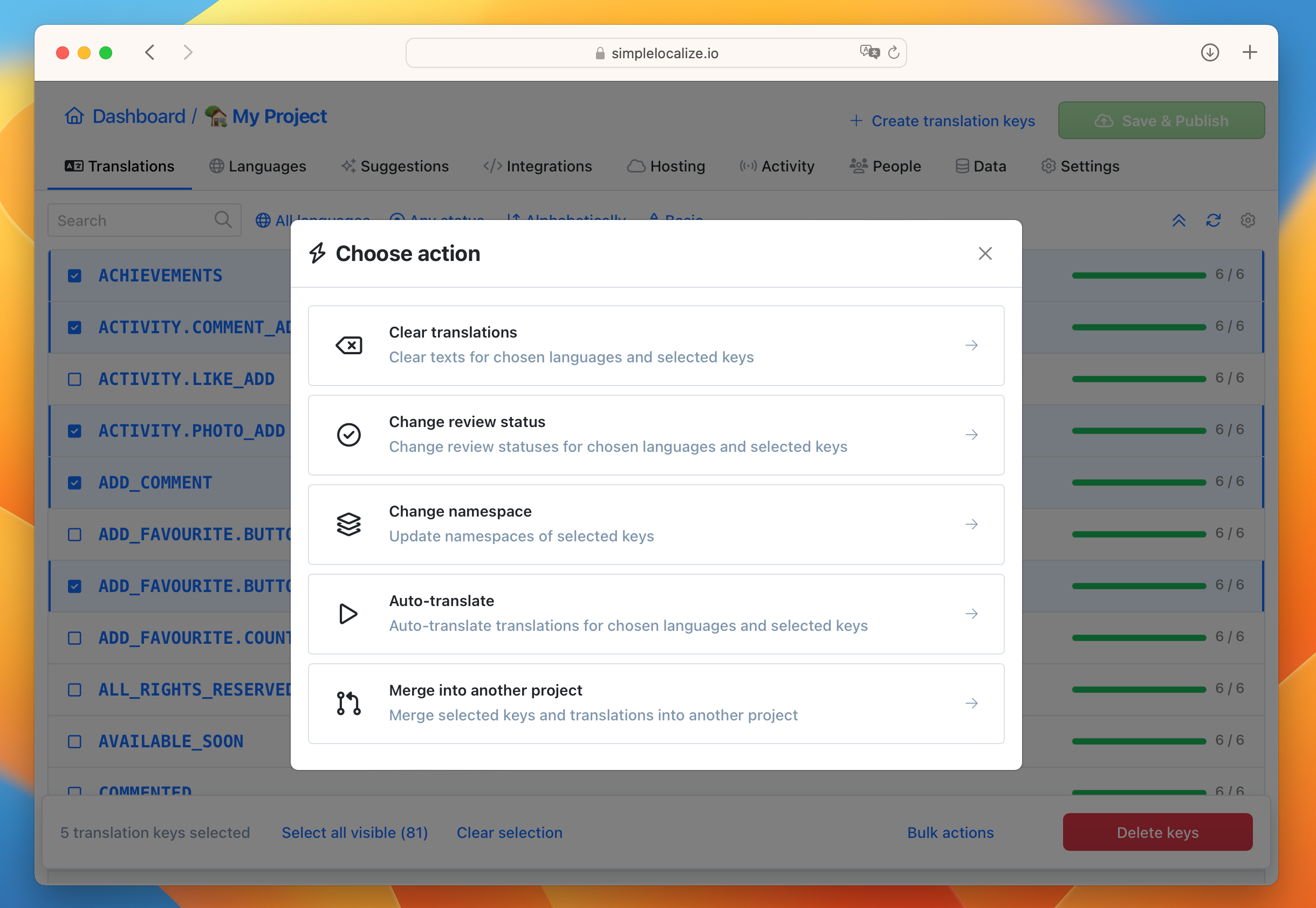 Bulk actions for selected translation keys