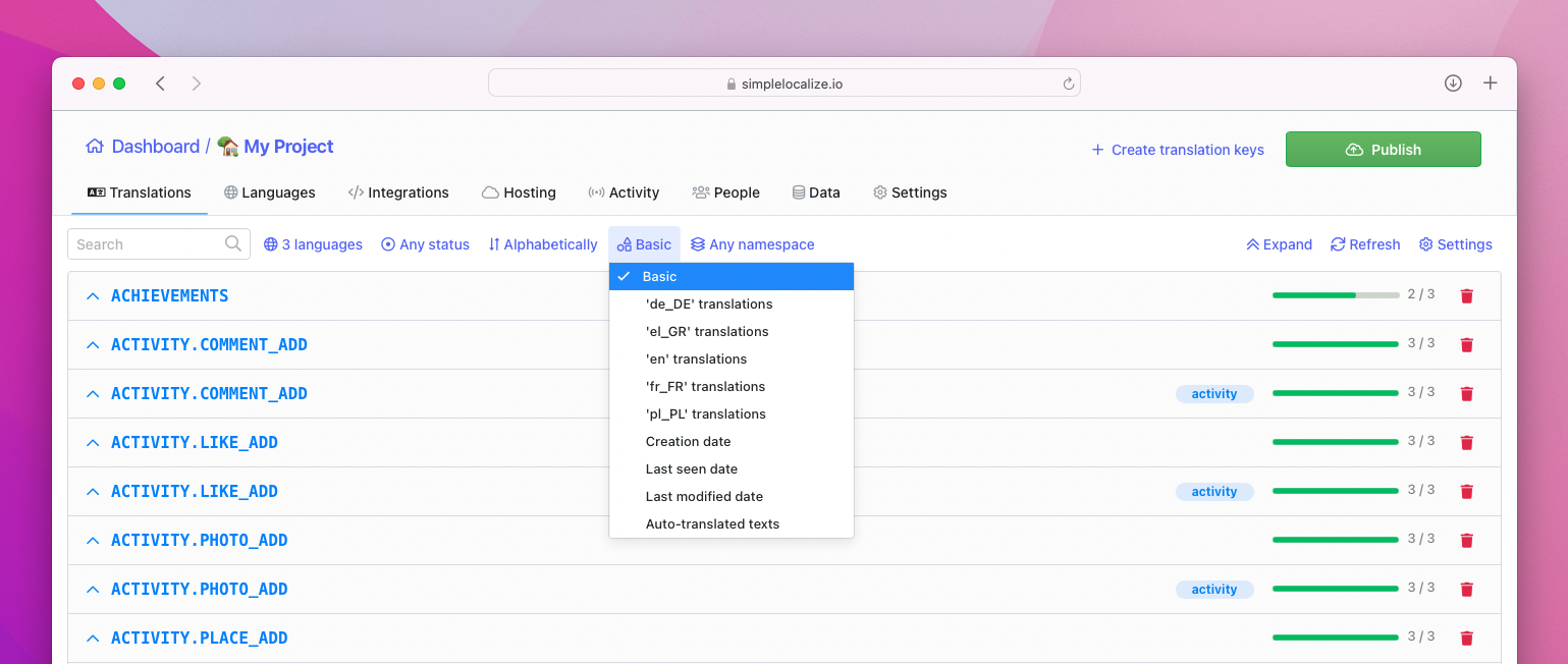 Basic key information filter in list view