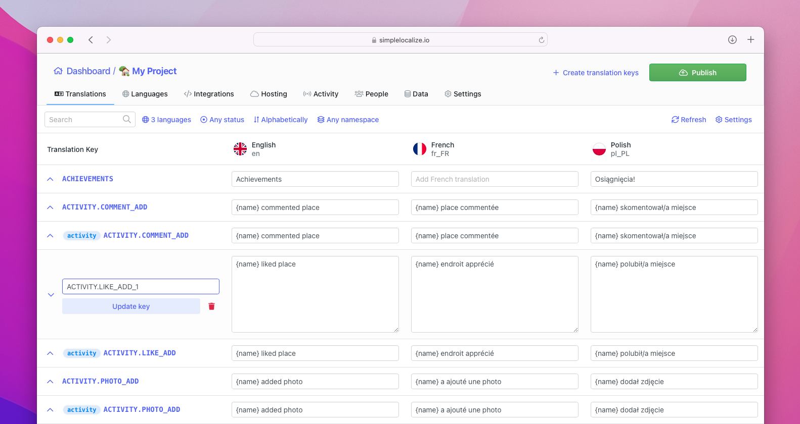 Expanded view of translation key in table view