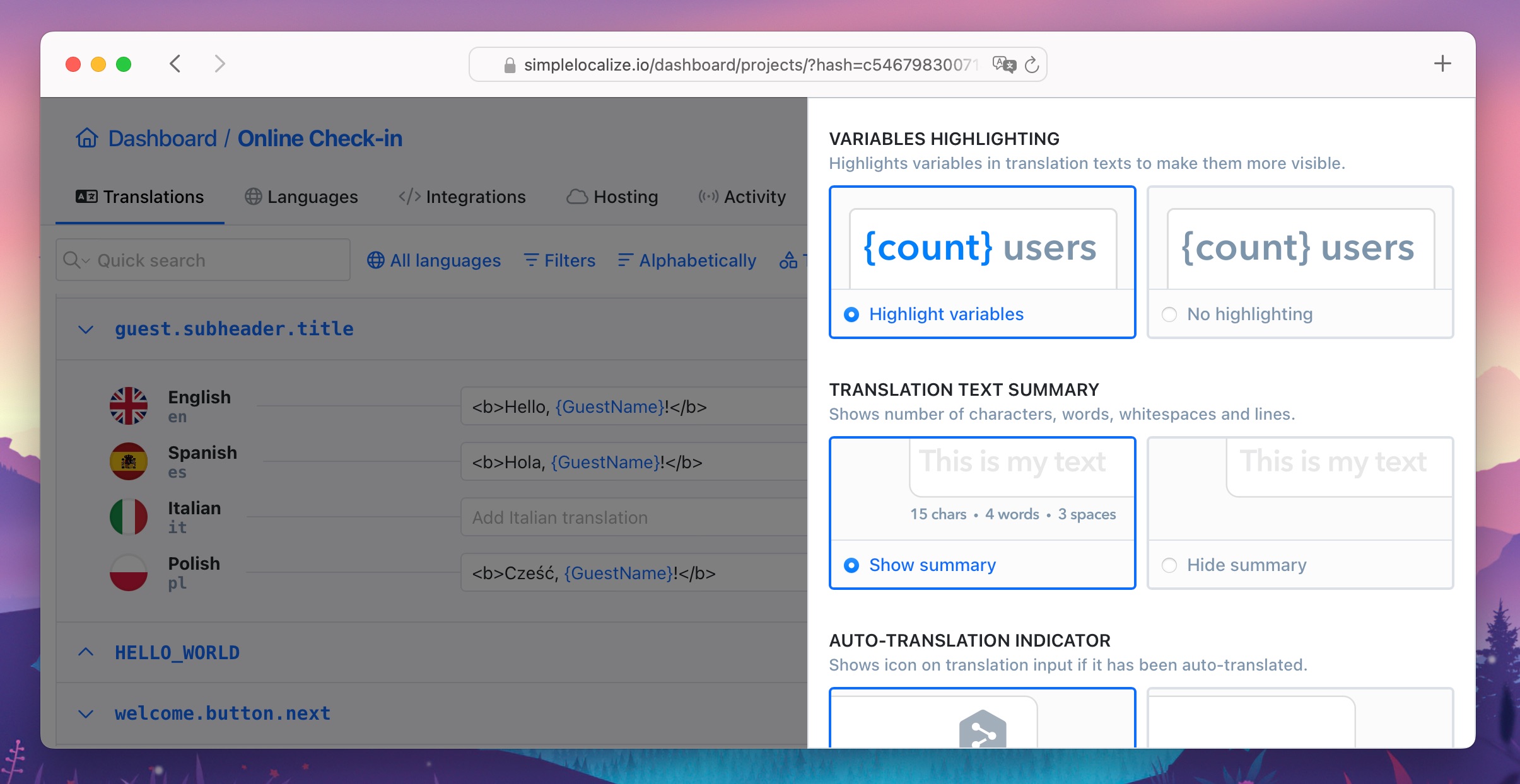 Highlight variables in translation editor