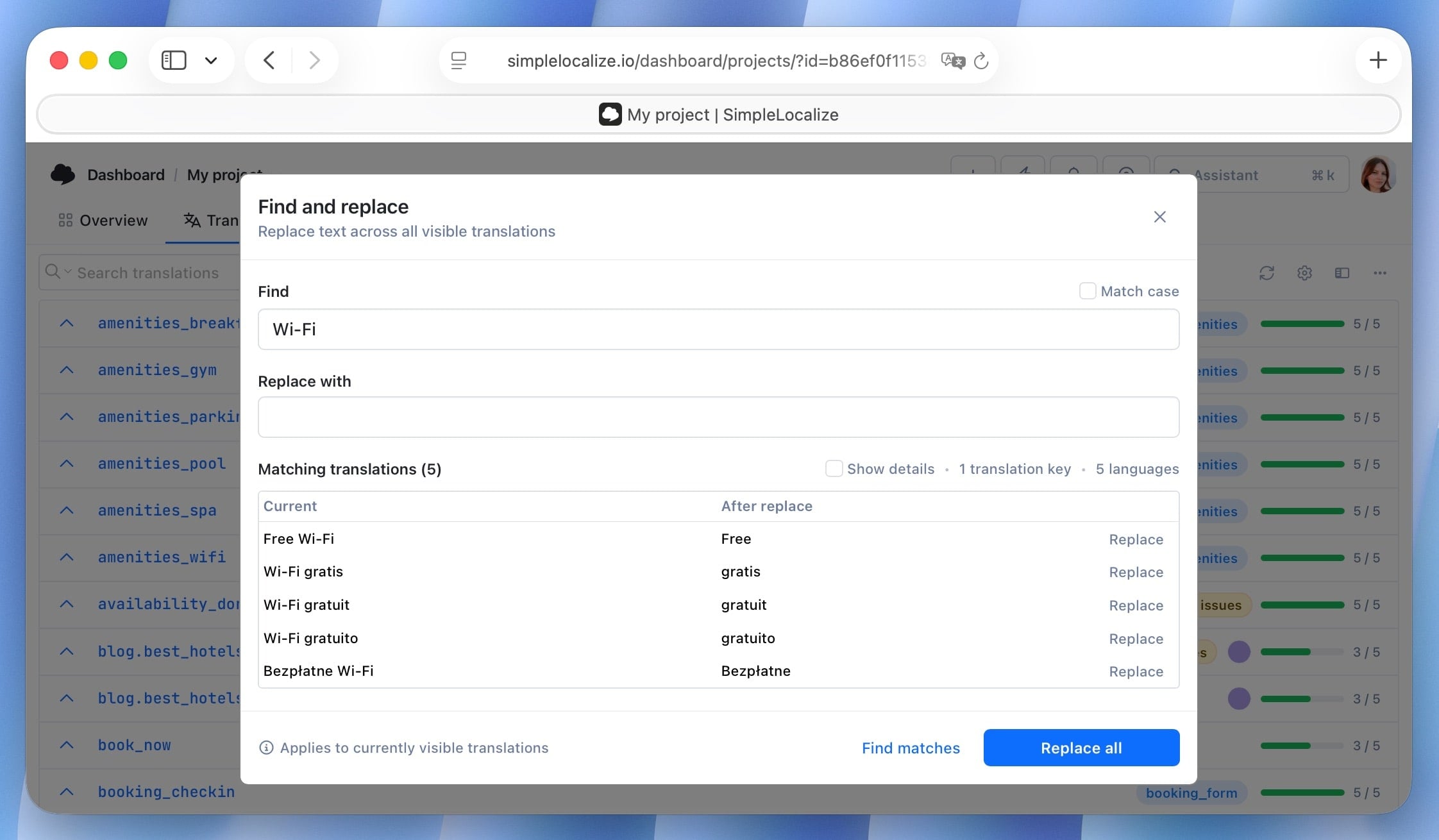 Find and replace modal