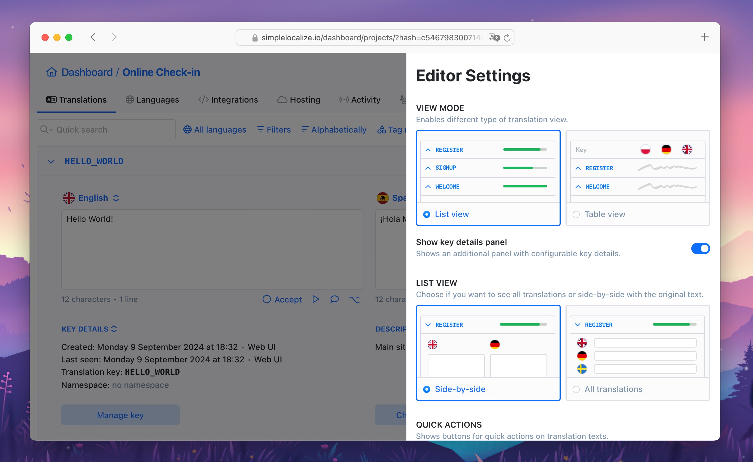 Translation editor side-by-side view with key details panel