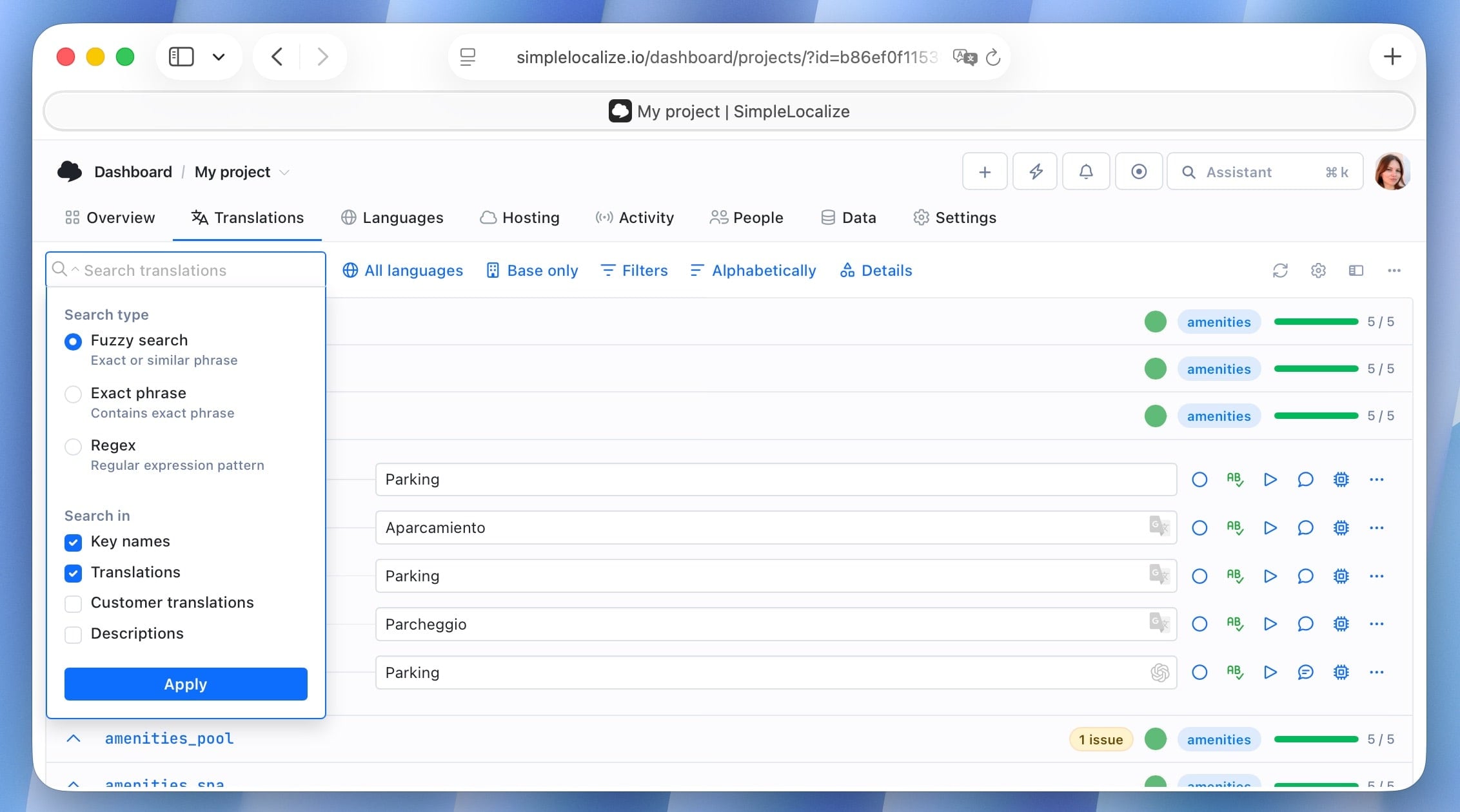 Search translation keys and translations