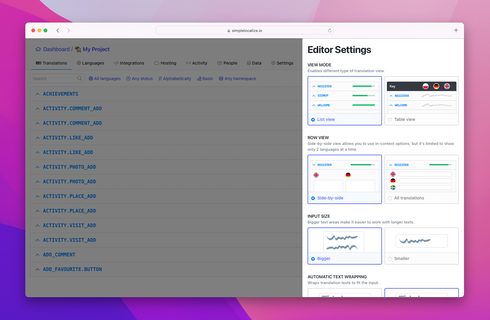 Translation editor settings