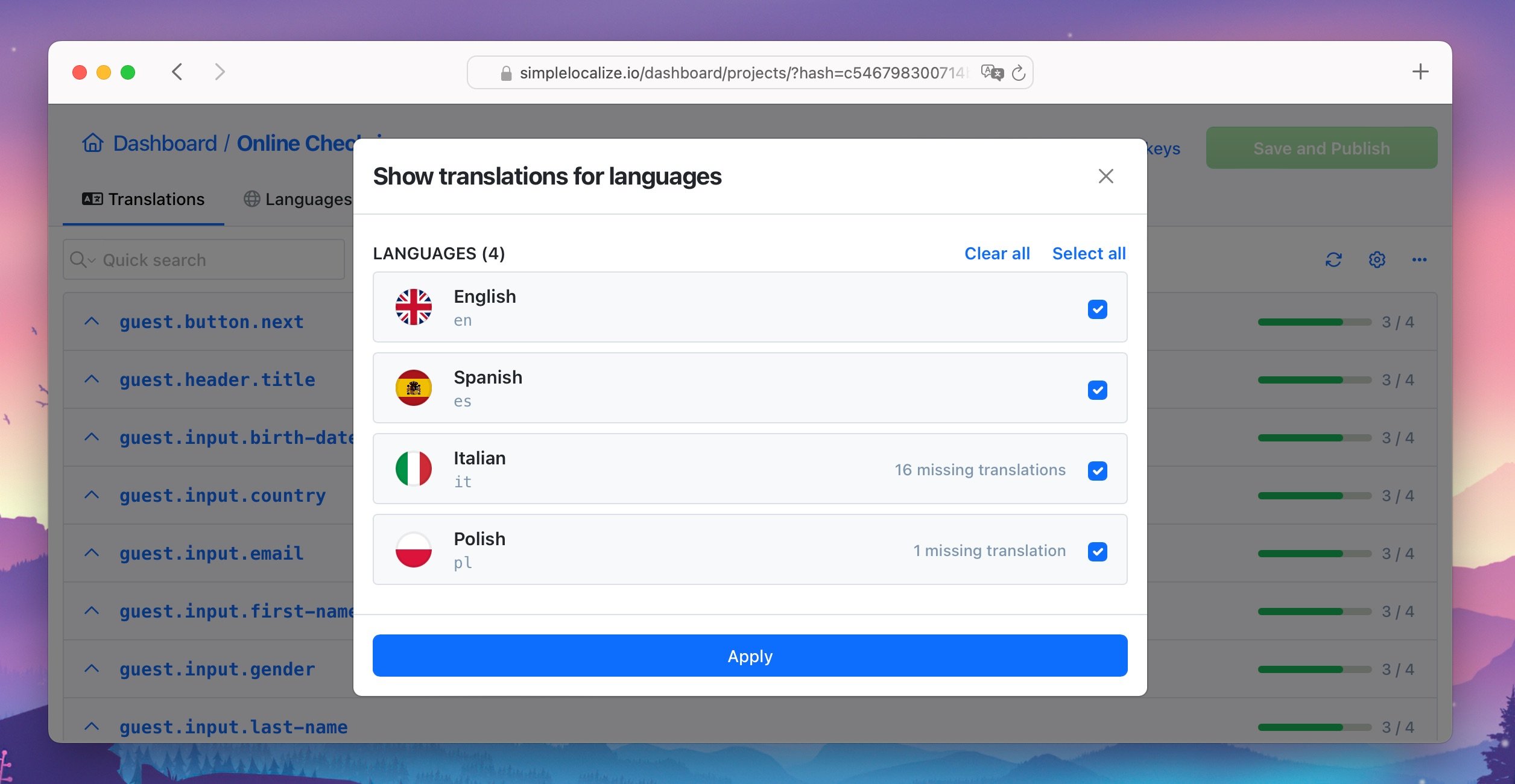 Languages filter