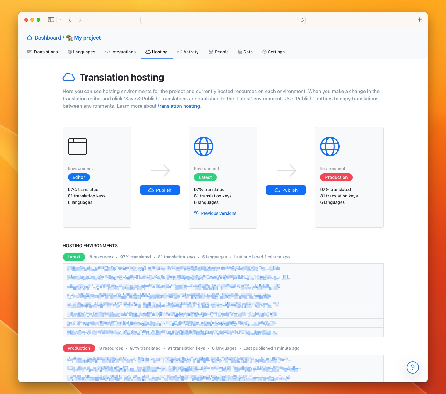 Default translation hosting environments