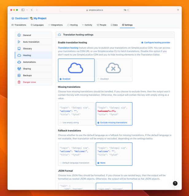 Translation hosting settings