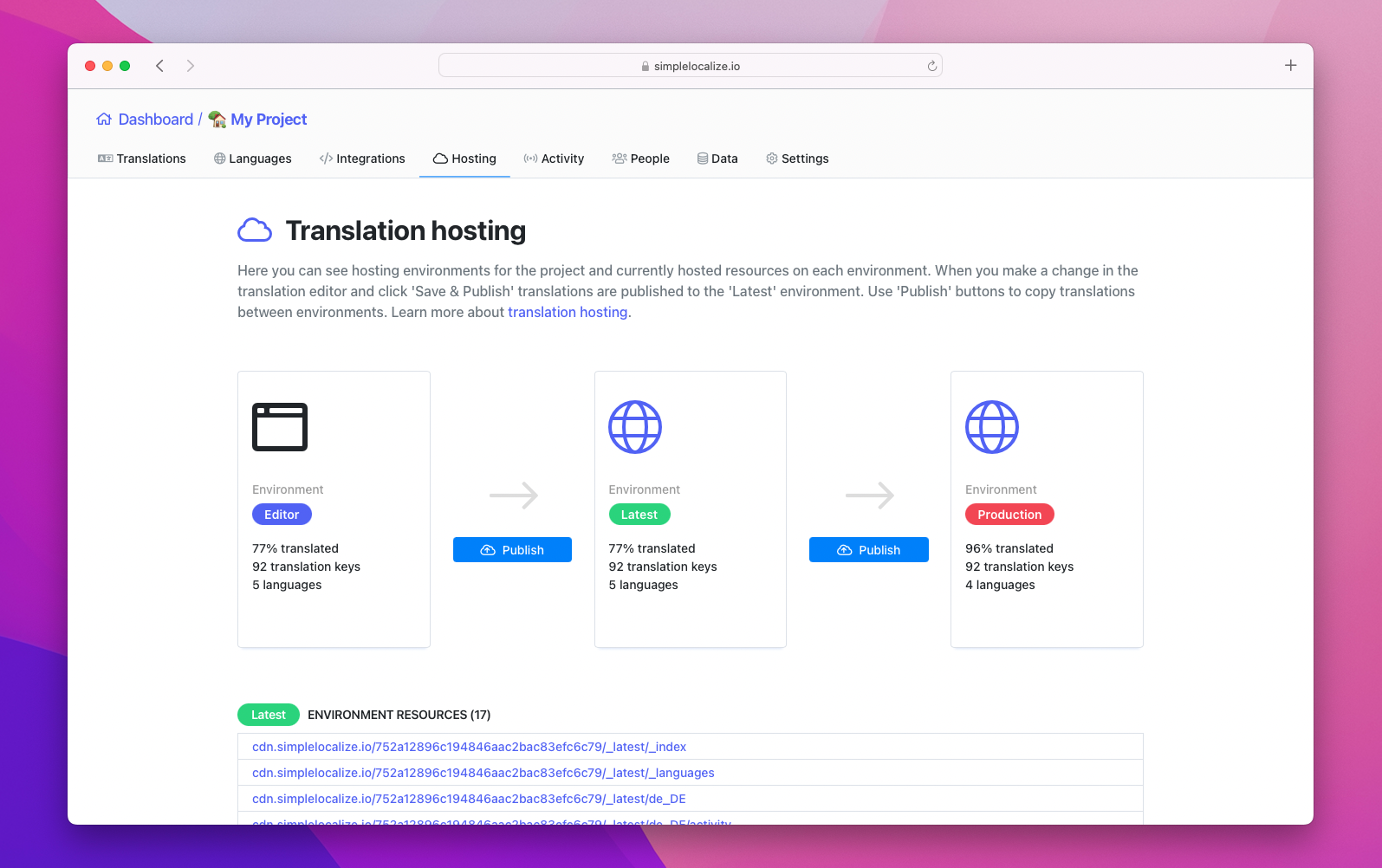 view of translation hosting environments and files