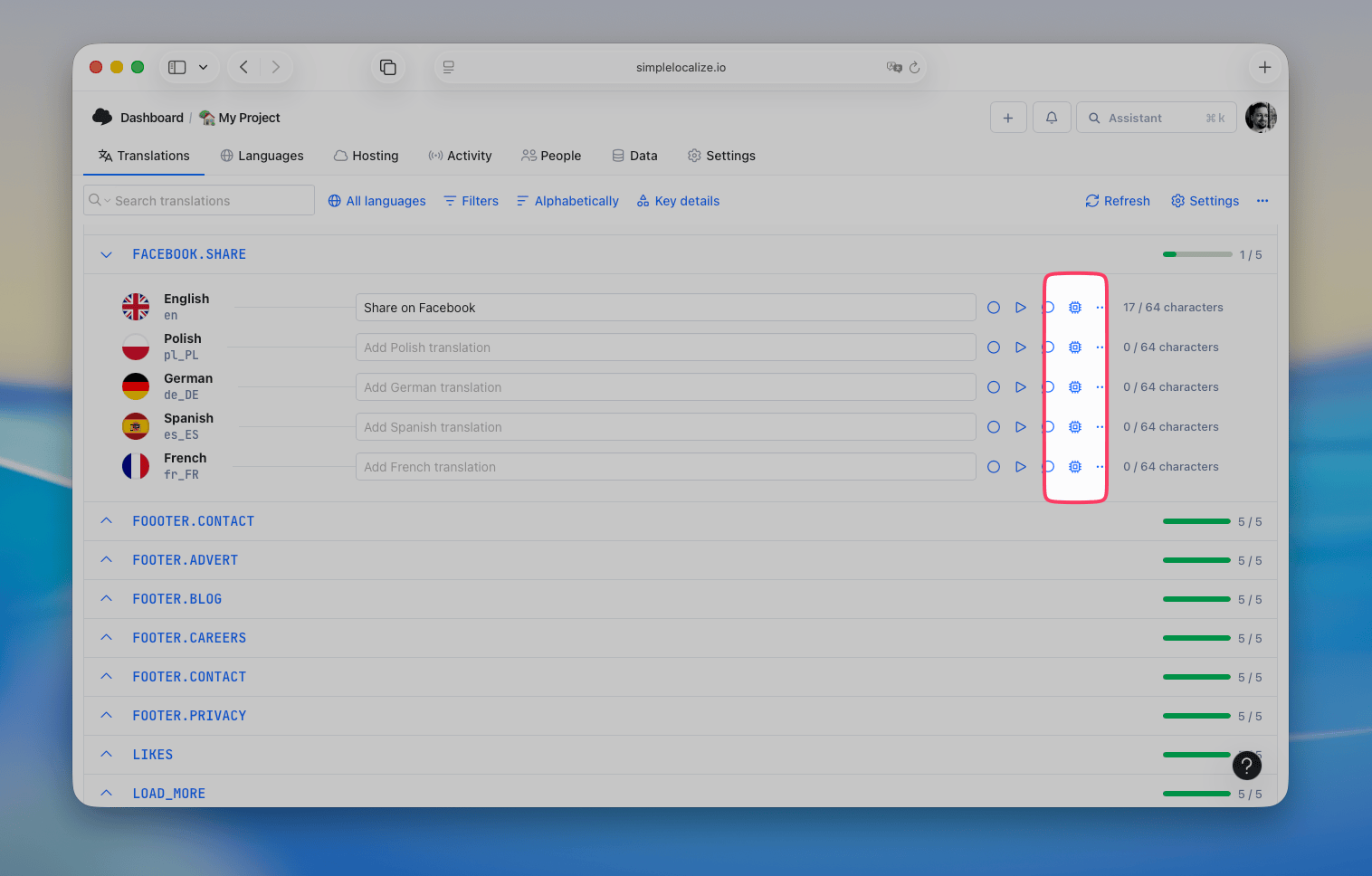 Translation memory in Options menu