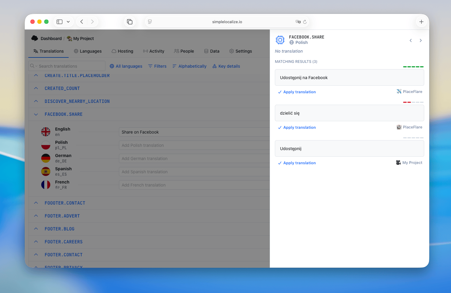 Translation memory in Quick Actions