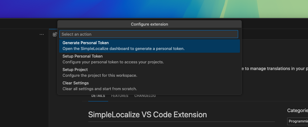 Visual Studio Code Extension for SimpleLocalize: Configuration menu