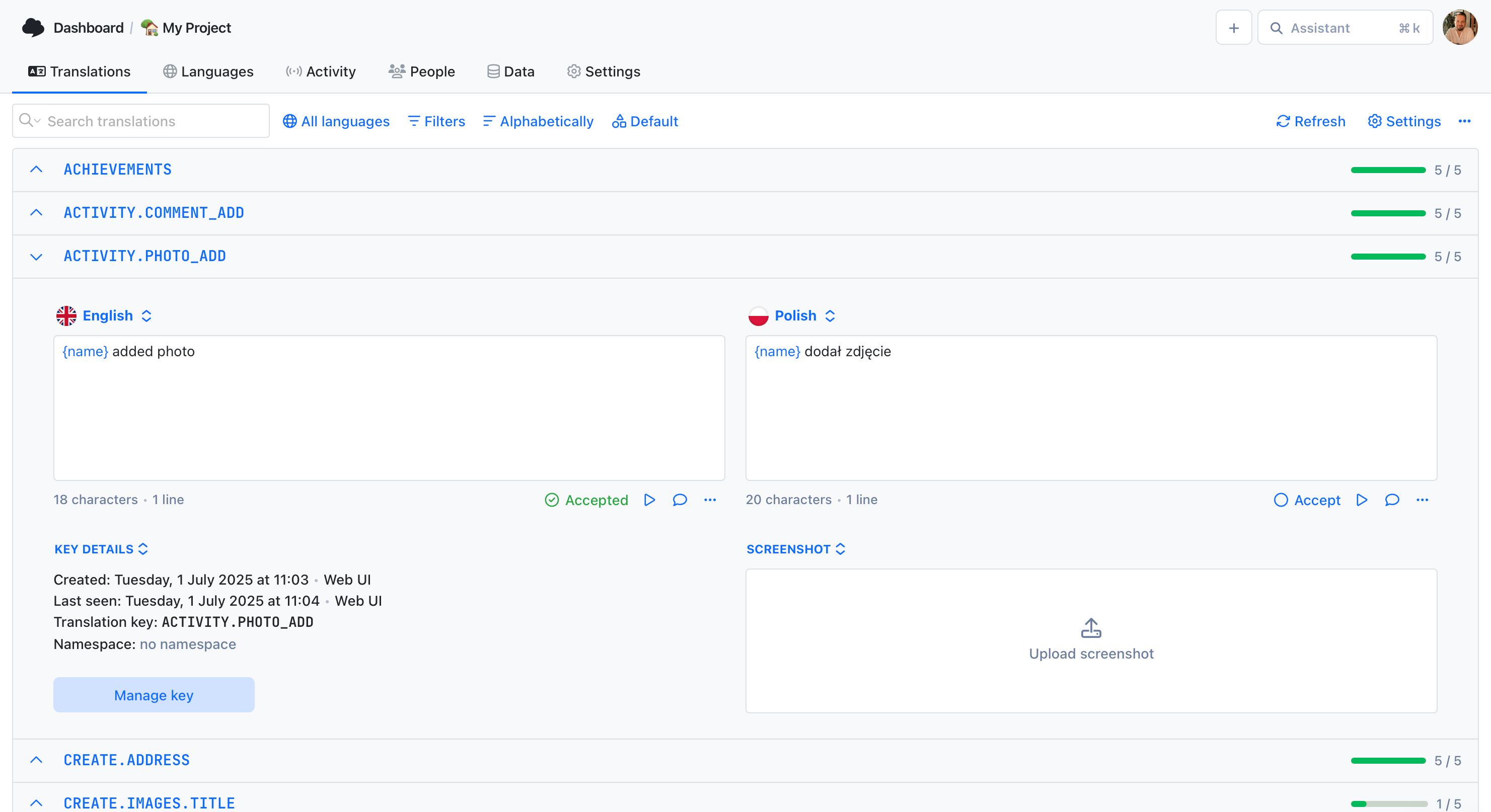 SimpleLocalize translation editor in side-by-side view
